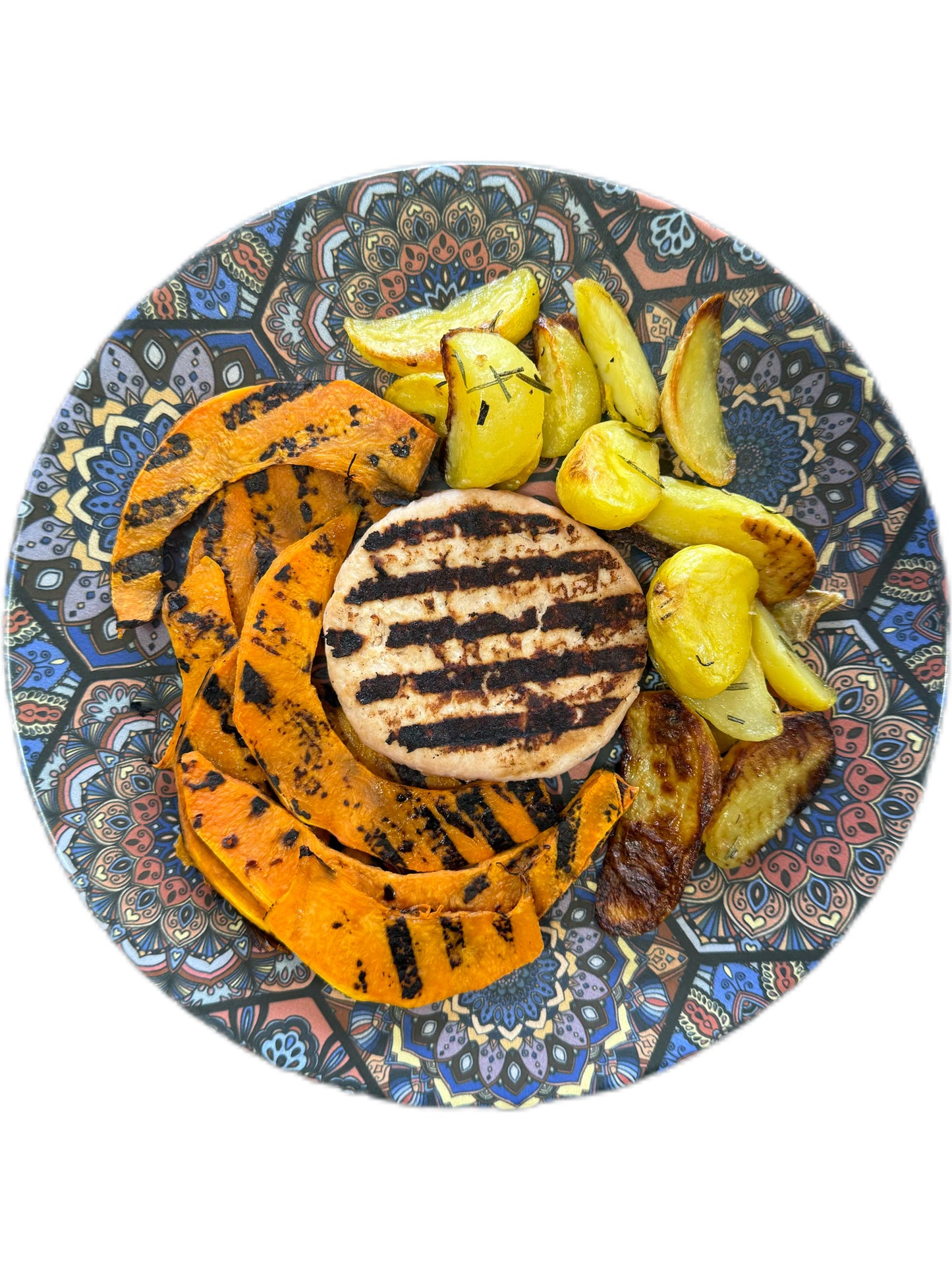 Hamburger di Pollo,patate al rosmarino e Zucca grill.
